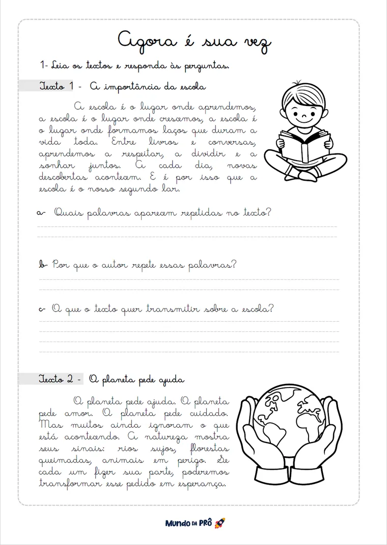 Agora é sua vez em letra cursiva