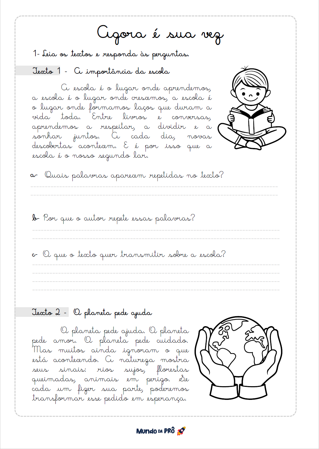 Agora é sua vez em letra cursiva