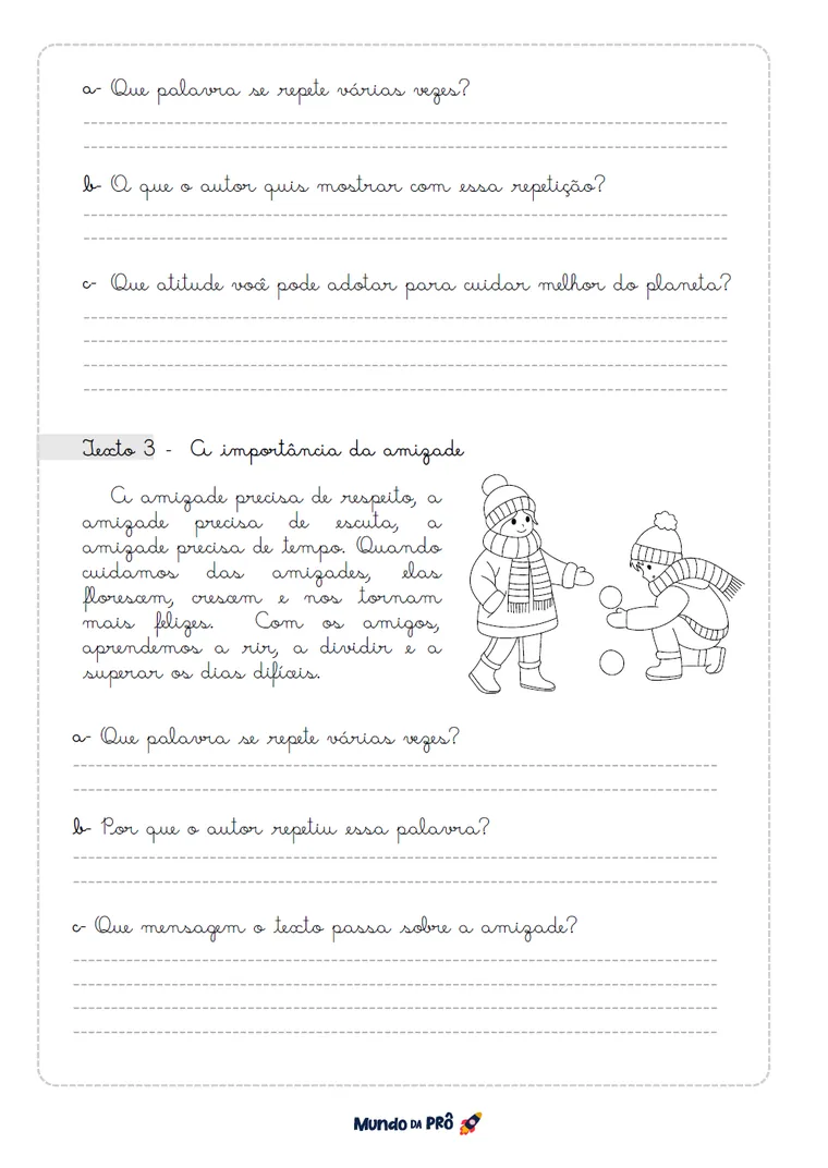 Atividade da amizade em letra cursiva