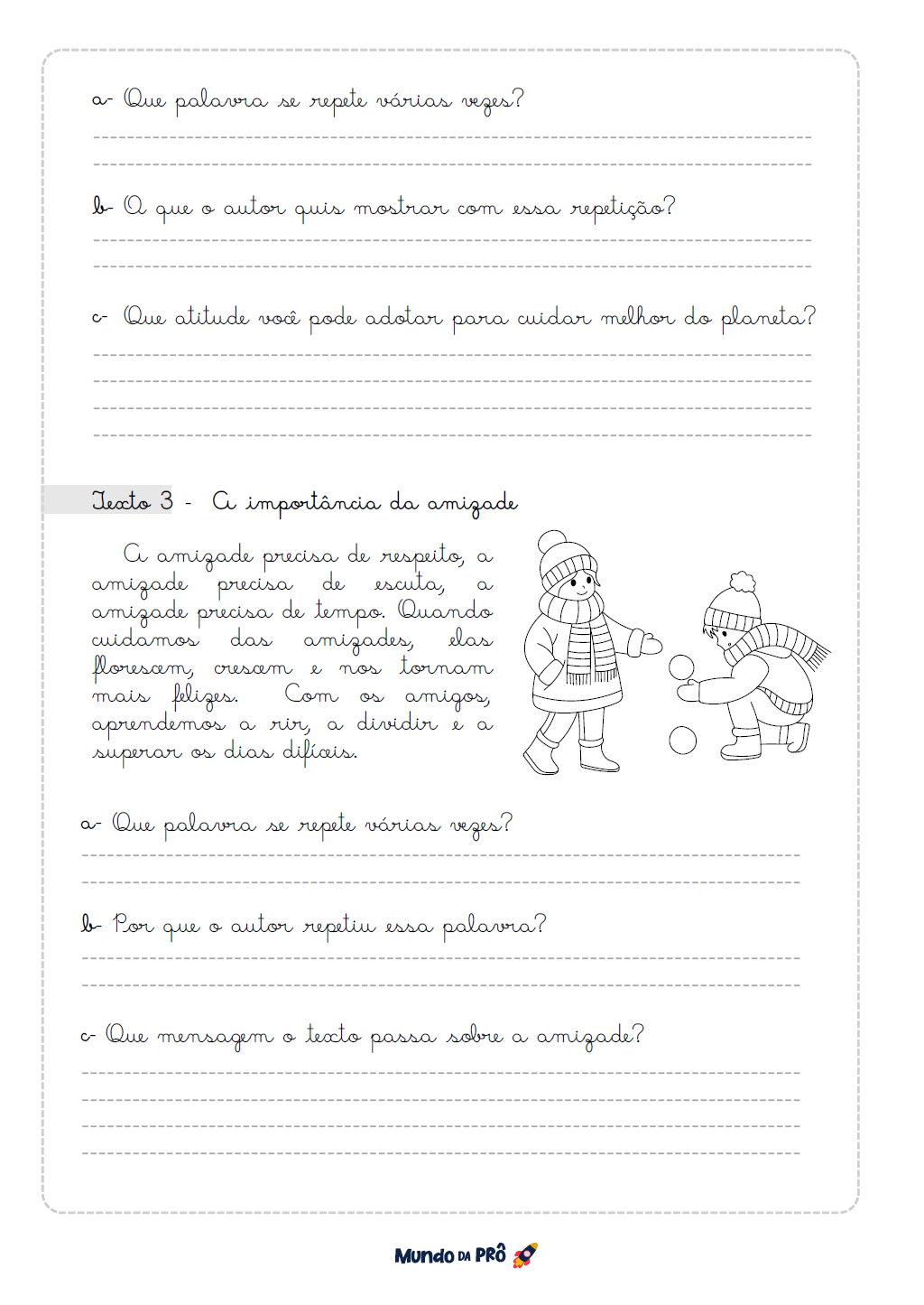 Atividade da amizade em letra cursiva